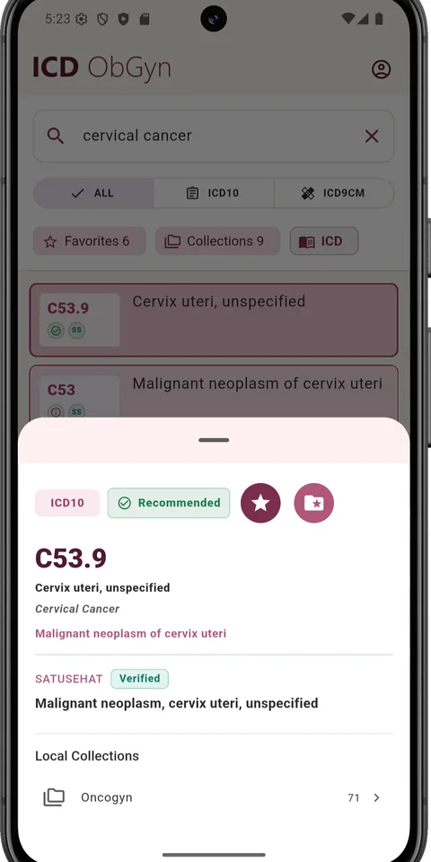 Tampilan detail kode C53.9 di aplikasi ICD ObGyn